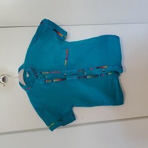 Kids Teal Short Sleeve Button Down Shirt with Multicolor Trim | Kids Size 6